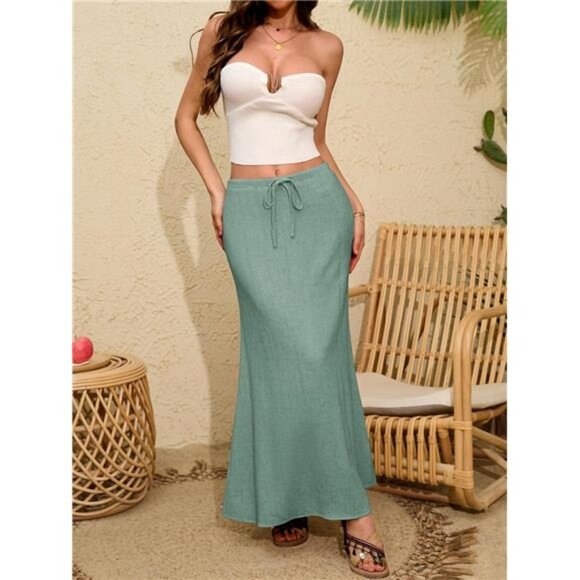 Womens Linen Flared Maxi Skirt with Back Slit Green - Picture 1 of 6